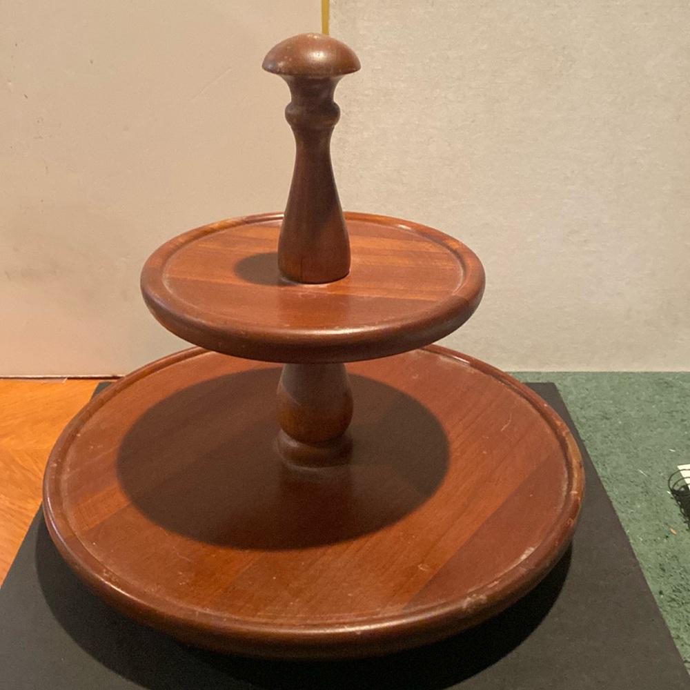 Vintage Genuine Woodcrodtery Wooden 2-Tier Rotating Serving Stand